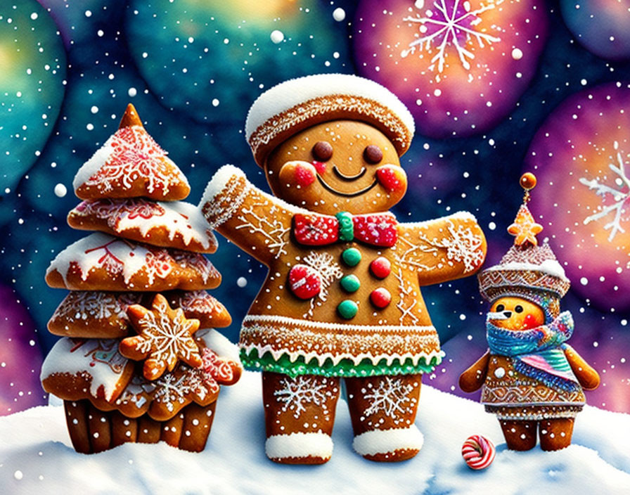 Festive gingerbread man, Christmas tree, snowflakes & house scene