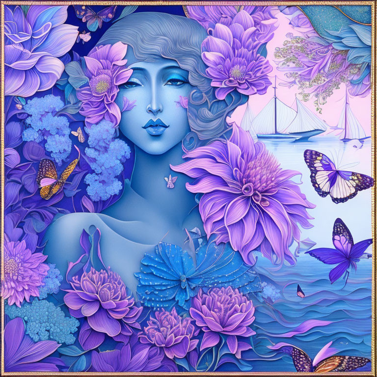 Woman in Purple and Blue Flower Garden with Butterflies and Boat