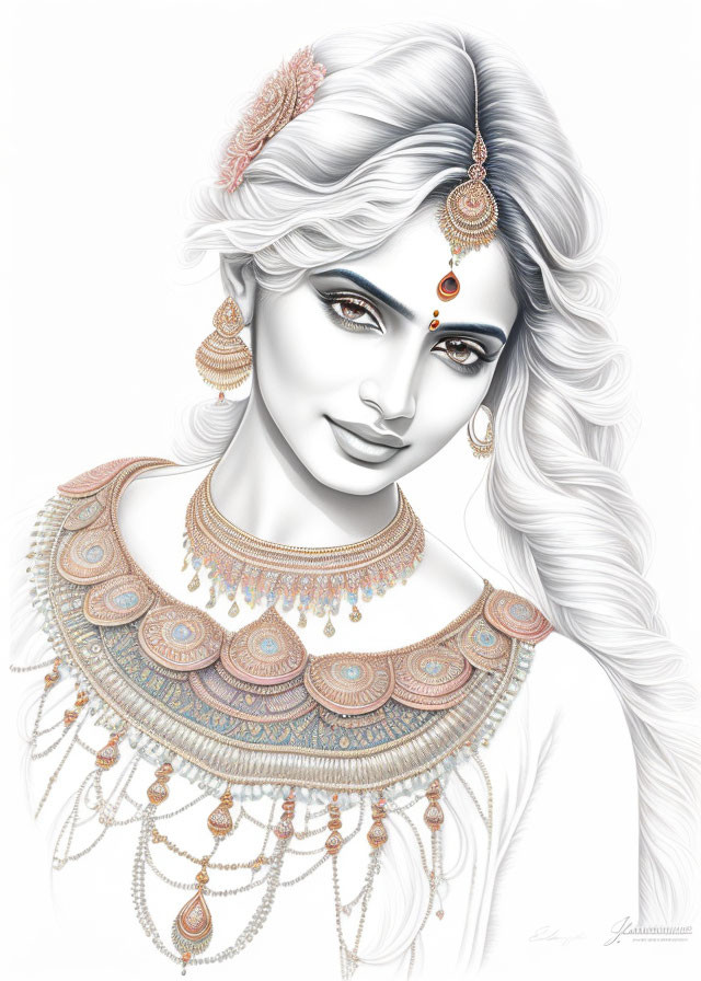 Traditional Indian jewelry adorns serene woman illustration