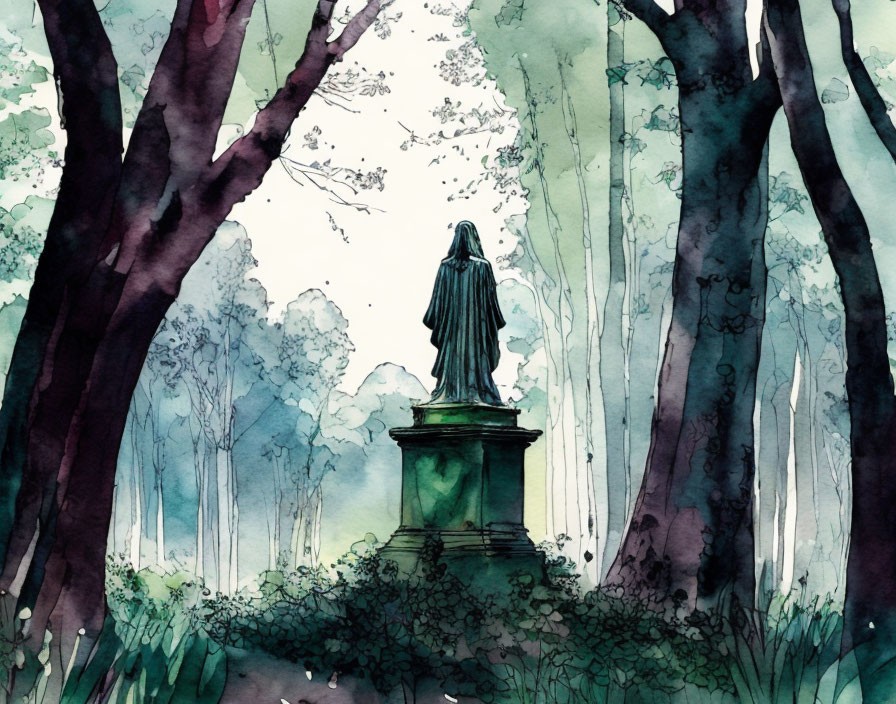 Watercolor painting: Statue in lush forest with towering trees