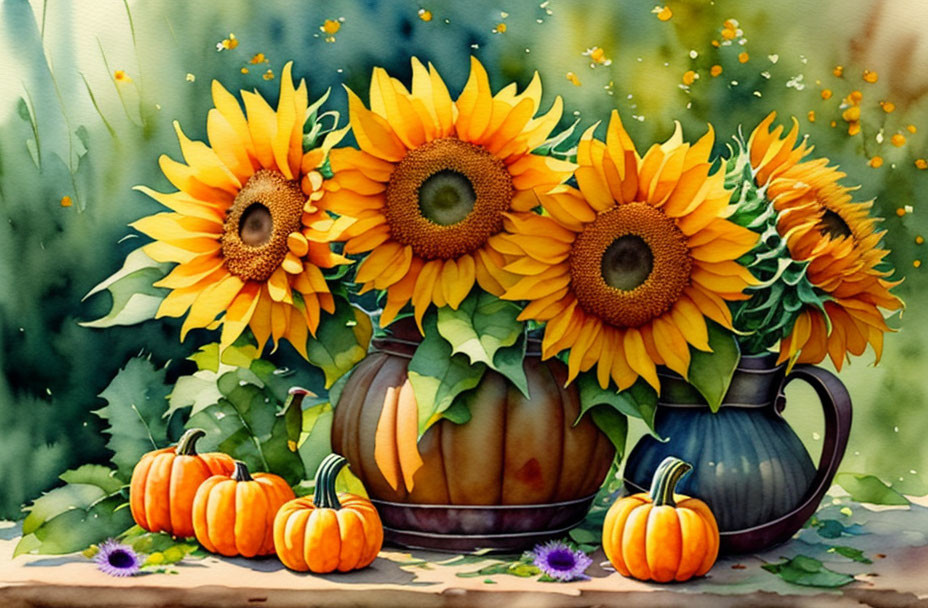 Colorful Watercolor Painting: Sunflowers, Blue Vase, Pumpkins, Autumn Leaves