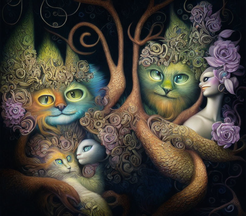 Whimsical anthropomorphic cats in tree branches with roses under mystical lighting