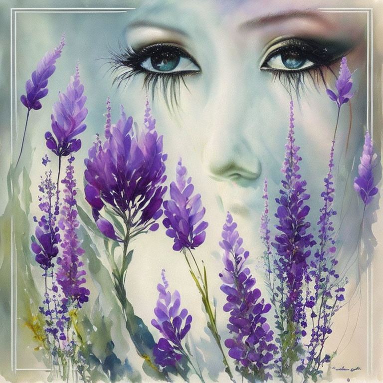 Close-Up Woman's Eyes Blended with Lavender Flowers