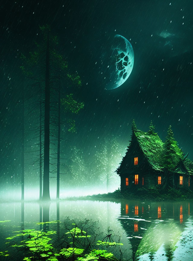 Tranquil Night Scene: Glowing Cottage by Reflective Lake