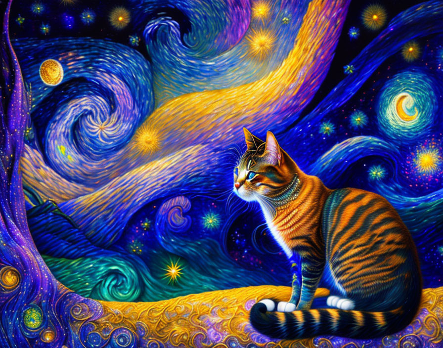 Colorful Striped Cat in Starry Night Background