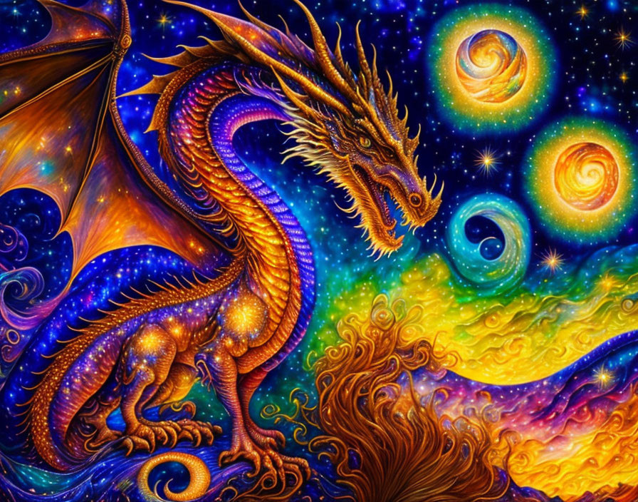 Colorful Artwork: Majestic Dragon in Galactic Setting