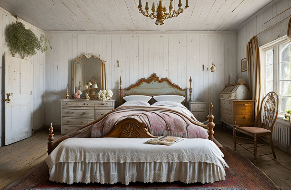 Vintage Bedroom with Large Bed, Antique Furniture & Rustic Ambiance