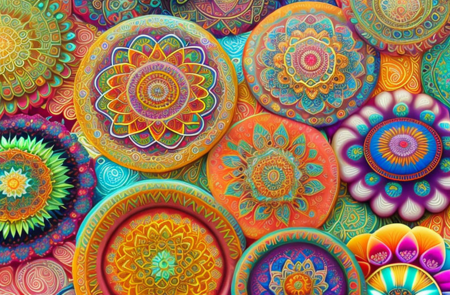 Colorful Mandala Patterns with Diverse Shapes and Psychedelic Designs