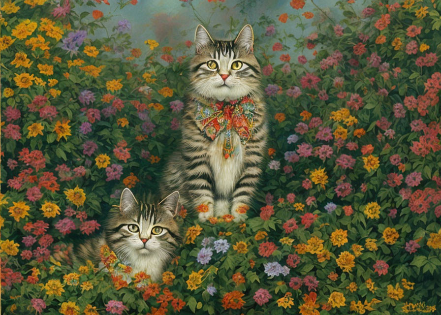 Colorful flowers surround two cats in bow ties, one looking up and the other forward.