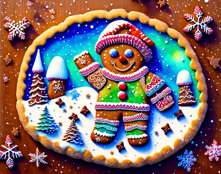 Colorful gingerbread man cookie with festive patterns and snowflakes on starry night background