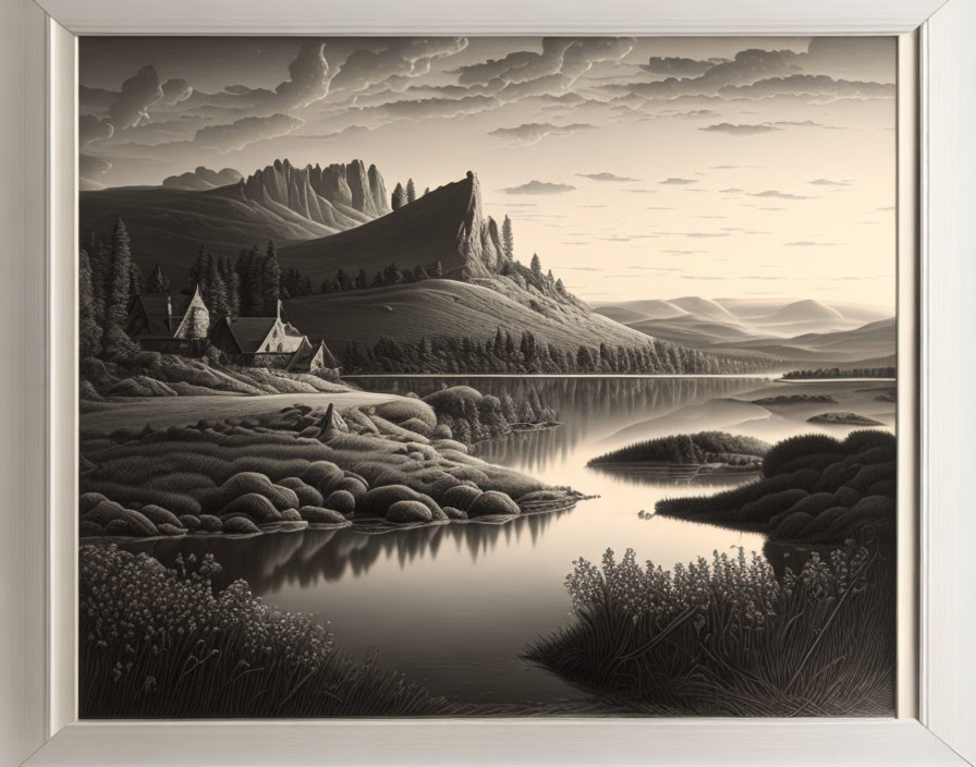 Serene monochrome landscape with lake, hills, houses, and mountains under cloudy sky