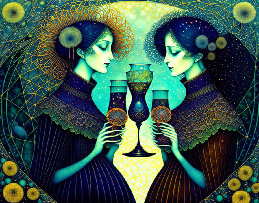 Stylized figures with ornate headdresses holding hourglass in rich blue and golden hues