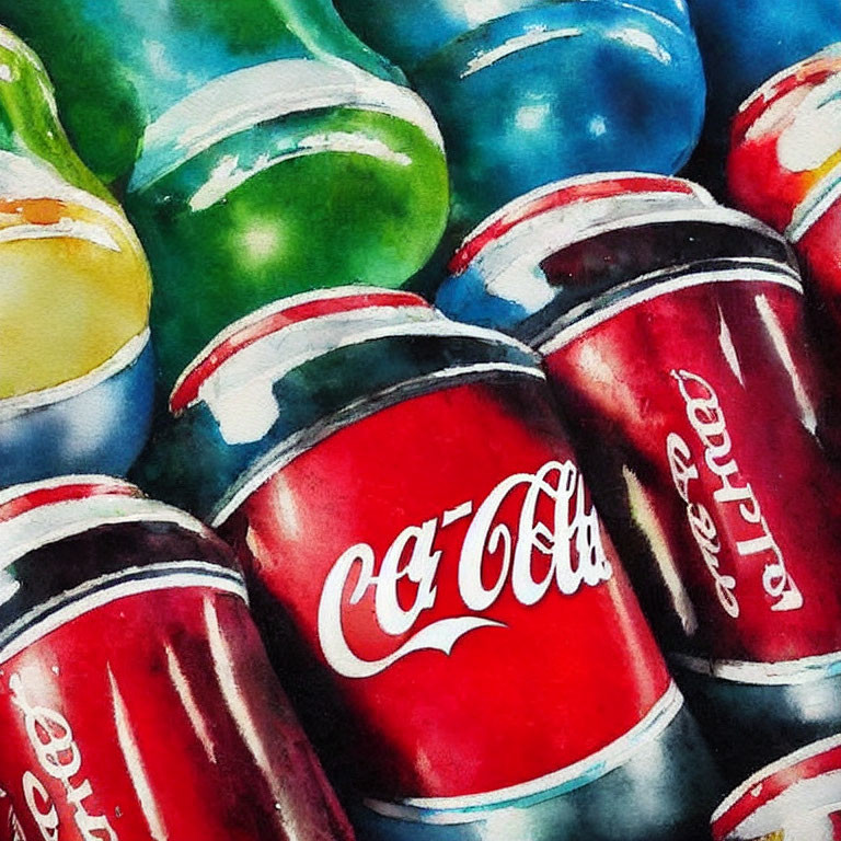 Vibrant watercolor artwork featuring stacked soda cans with red Coca-Cola branding