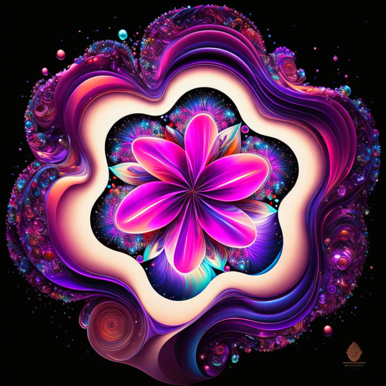 Colorful fractal art featuring central flower in pink and blue hues