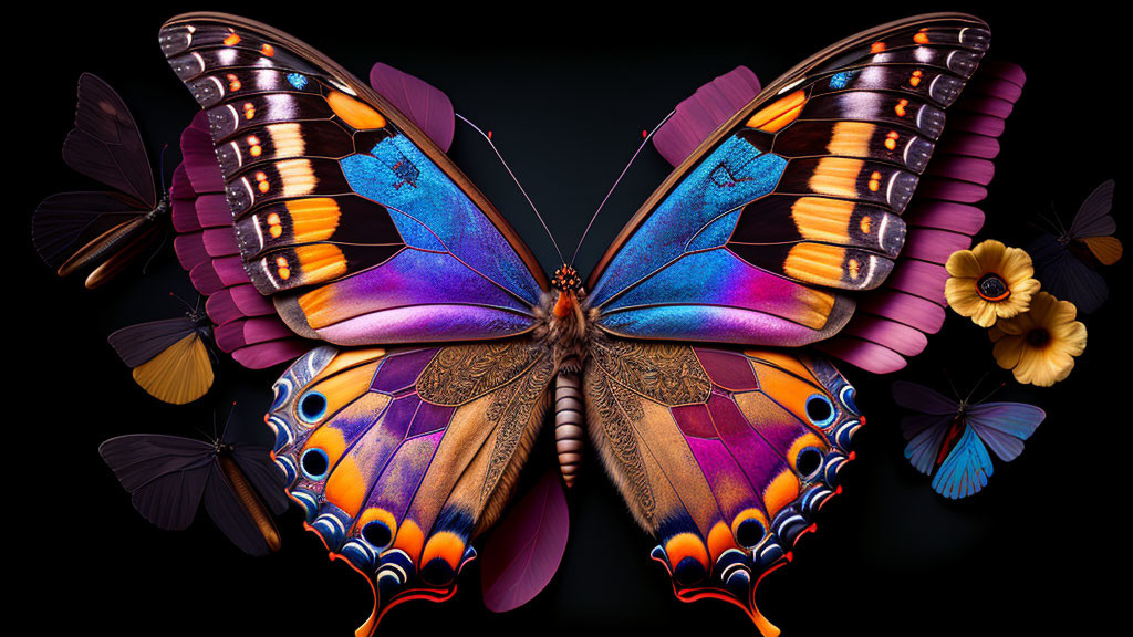 Colorful Butterfly with Purple, Blue, and Orange Wings on Dark Background