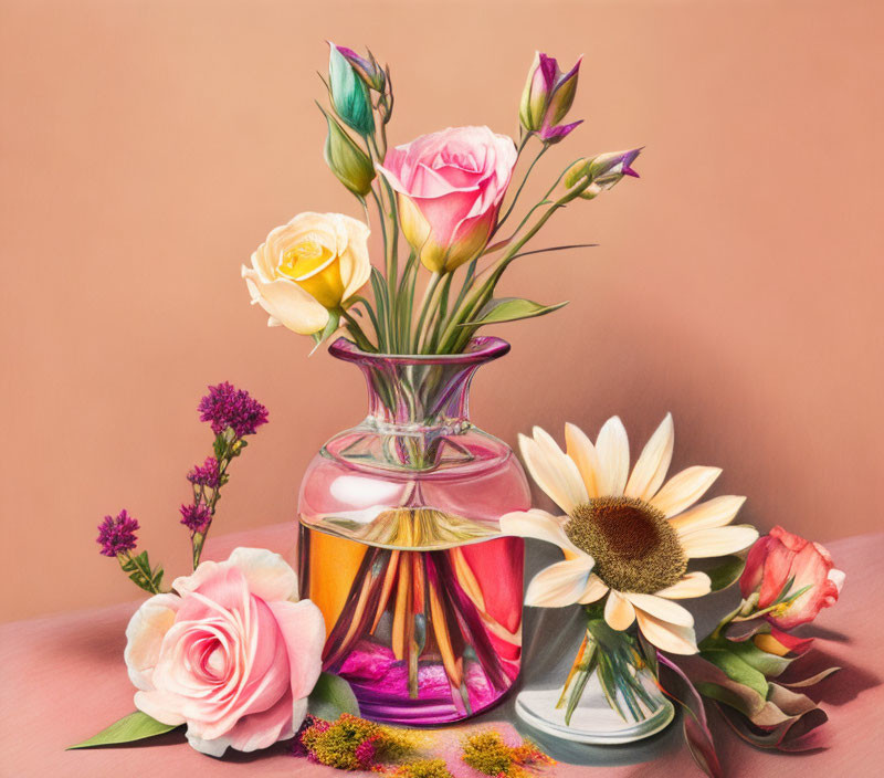 Colorful flower arrangement in glass vases on peach background