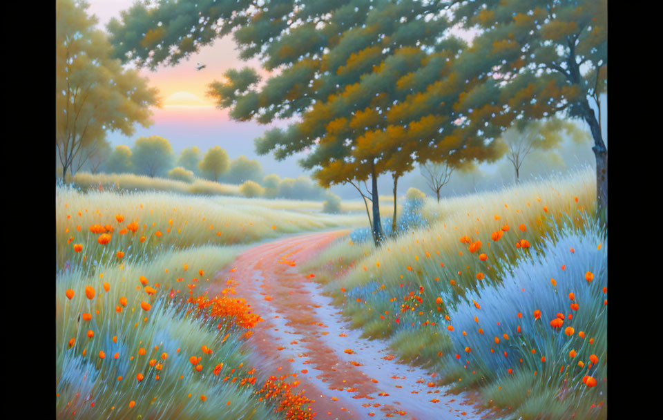 Tranquil landscape painting: winding path, orange flowers, lush trees, soft sunset