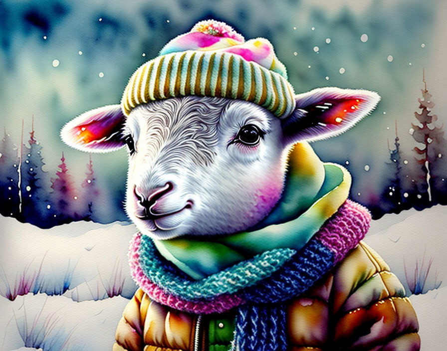 Colorful Hat and Scarf on Lamb in Snowy Forest