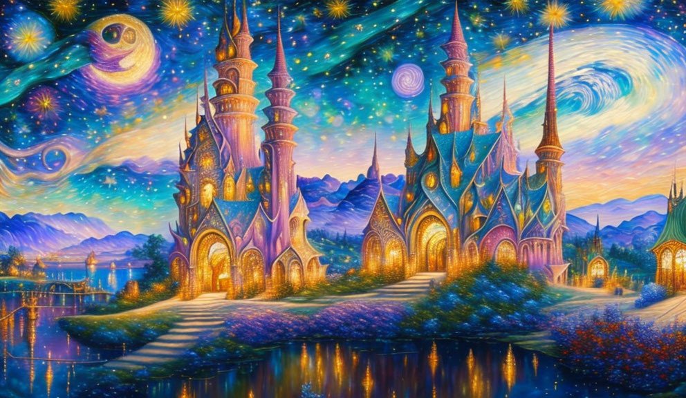 Luminescent Castle Painting Against Night Sky