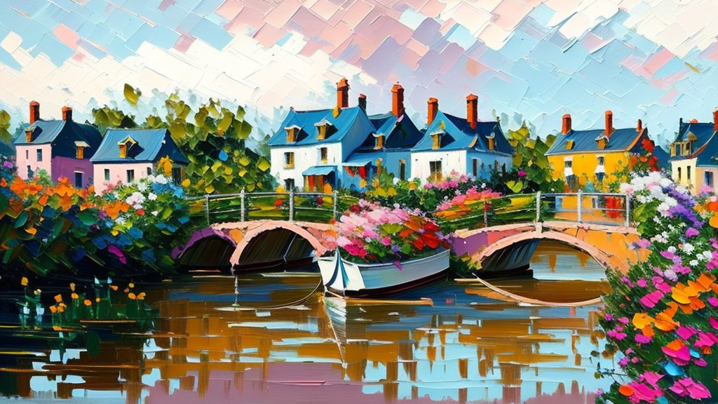 Vibrant village painting with bridge, boat, and floral reflections