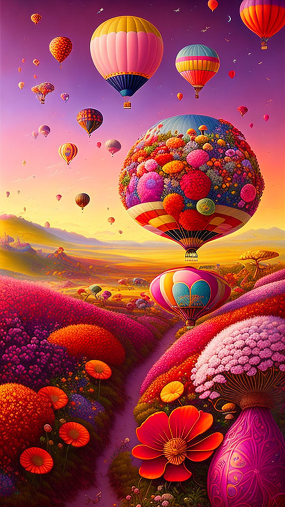 Colorful hot air balloons float above vibrant landscape with oversized flowers and pink sky