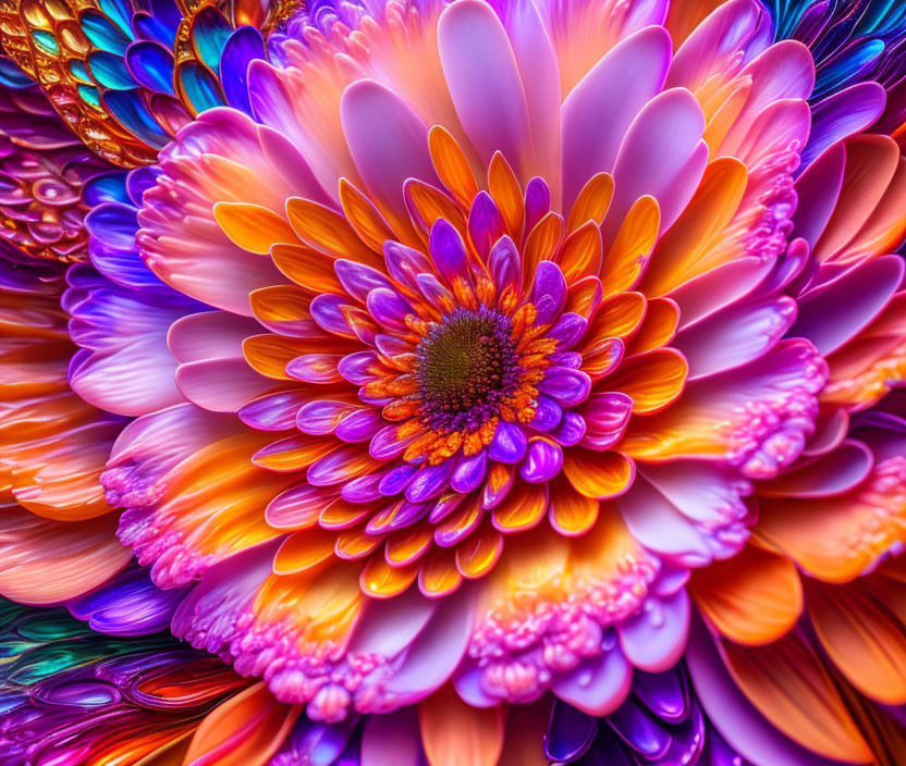 Colorful fractal flower with intricate patterns in purples, oranges, and pinks