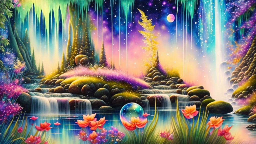 Fantasy landscape with waterfalls, river, glowing plants, pink flowers, and moon