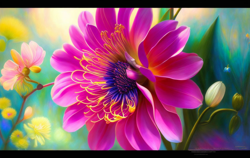 Detailed digital artwork: Large pink flower with stamen and petals in colorful, soft-focus background