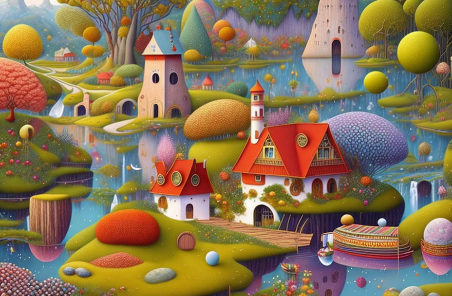 Colorful fantasy landscape with quirky houses, vibrant trees, and rolling hills