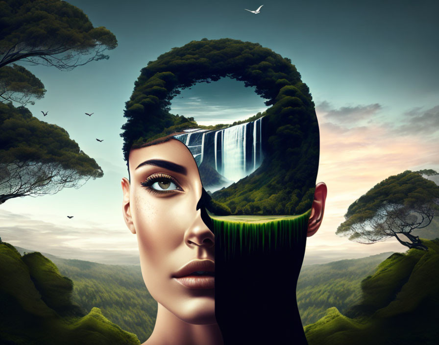 Woman's face merging with landscape, waterfall inside silhouette, lush greenery.