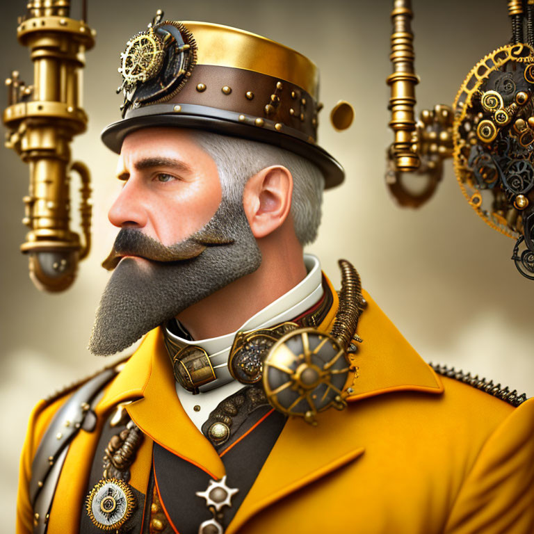 Steampunk-themed man portrait with stylized mustache and cogwheel accessories.