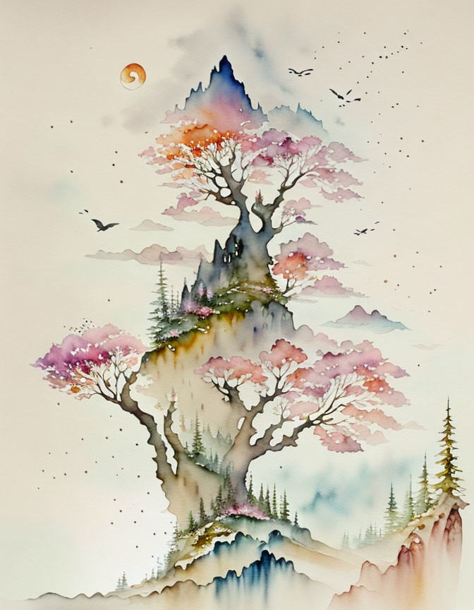 Whimsical tree watercolor with mountain silhouettes and birds under pastel sky