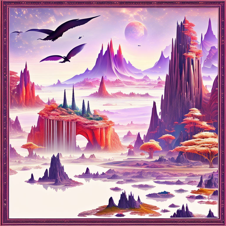 Vibrant purple and orange fantasy landscape with rock formations, waterfalls, exotic trees, distant planets