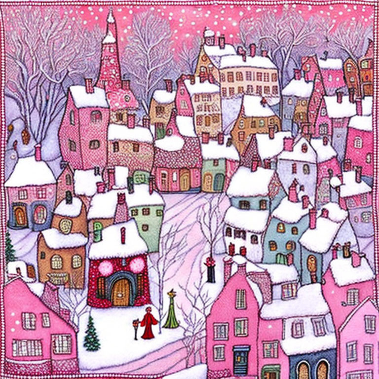 Whimsical snowy village illustration with quirky houses and falling snowflakes