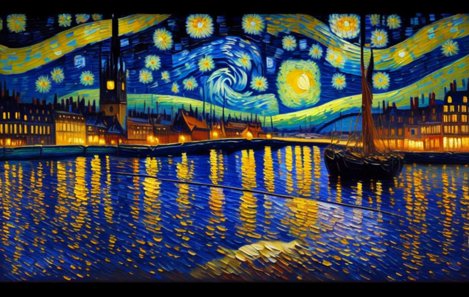 Expressionist painting of starry night over town with river reflections