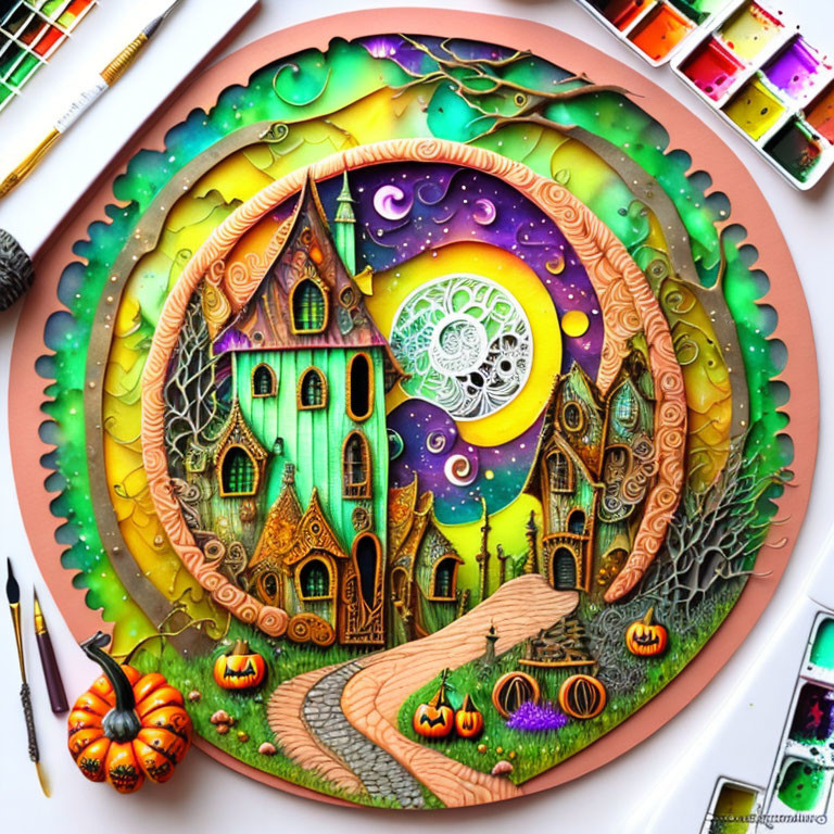 Colorful Halloween-themed circular painting with whimsical haunted house, pumpkins, full moon, and water