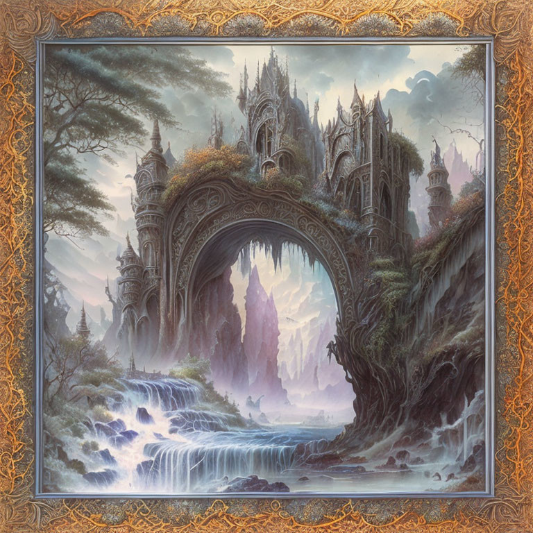 Fantasy painting: Ornate stone archway, Gothic structures, waterfalls, forests, spires