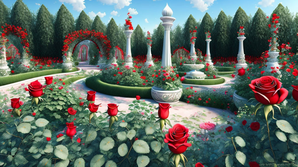 Manicured garden with red roses, fountains, white architecture