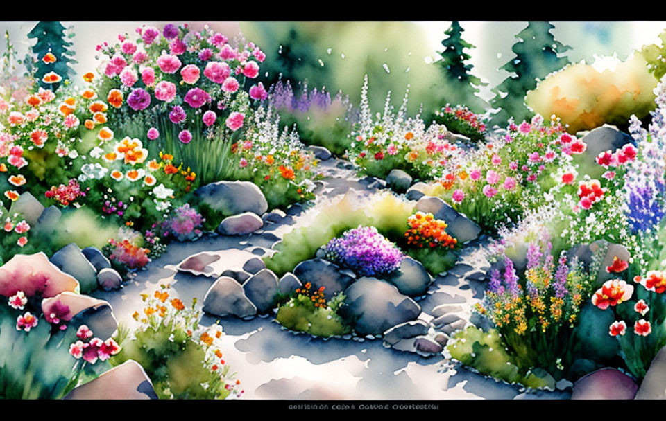 Colorful Watercolor Illustration of Lush Garden Path