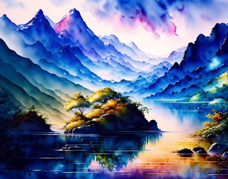 Vibrant Watercolor Painting of Layered Mountains and Serene Lake