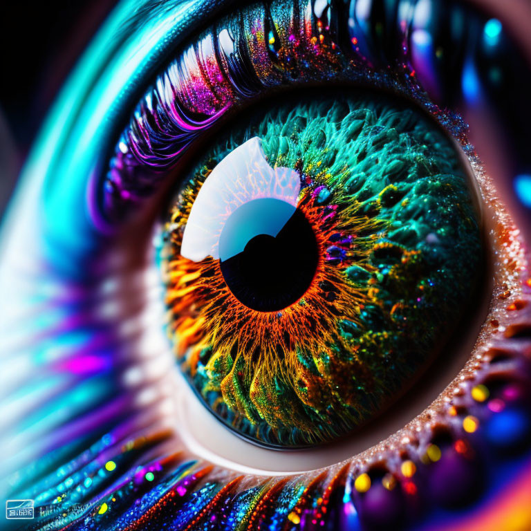 Colorful close-up of eye with multicolored iris and detailed eyelashes in psychedelic neon aesthetic