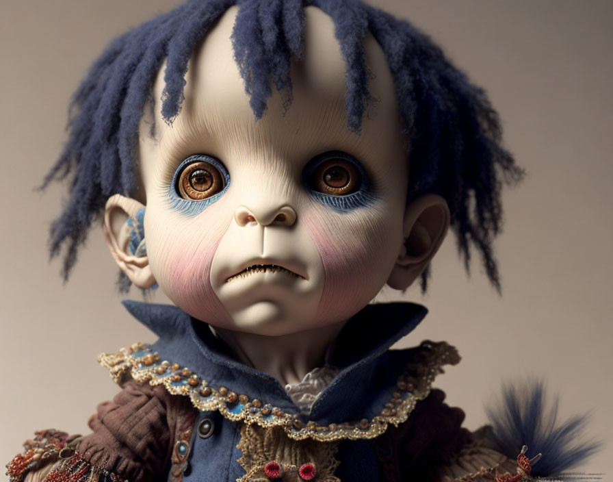 Surreal doll with sad expression, large eyes, blue hair, in blue & brown period costume