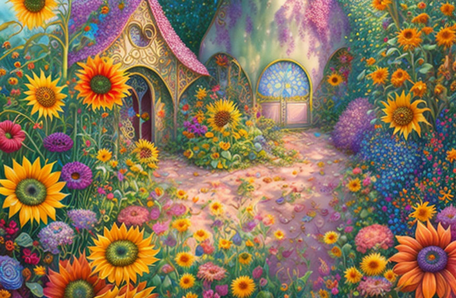 Colorful Fantasy Garden Path Leading to Whimsical Cottage with Blue Door