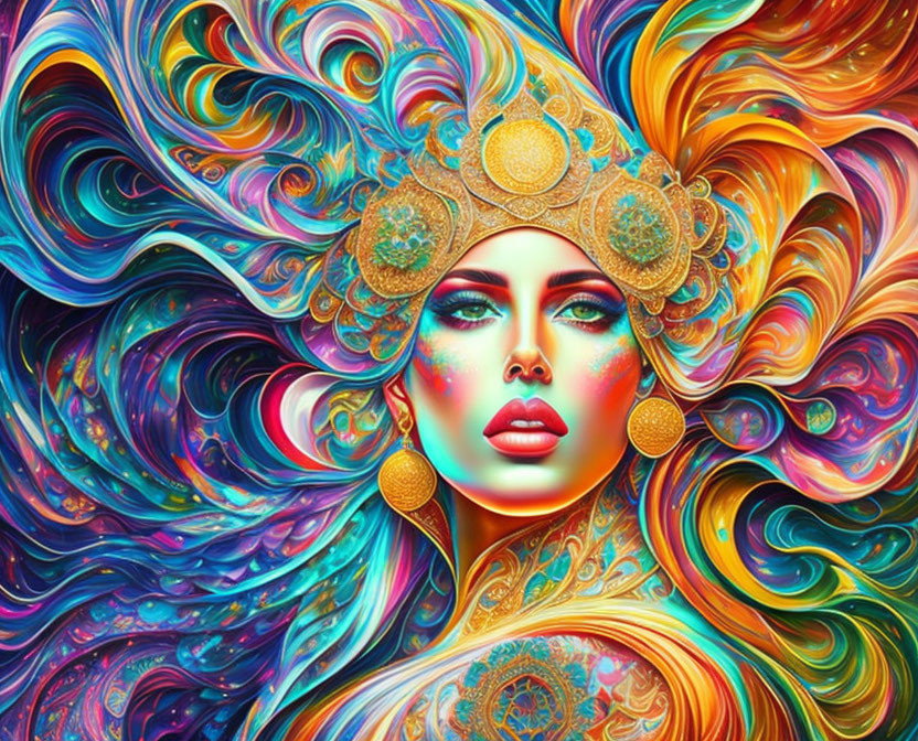 Vibrant woman portrait with colorful swirls and golden headdress