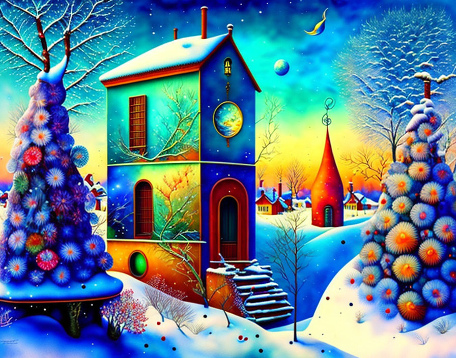 Colorful house with blue roof in snowy winter scene with crescent moon