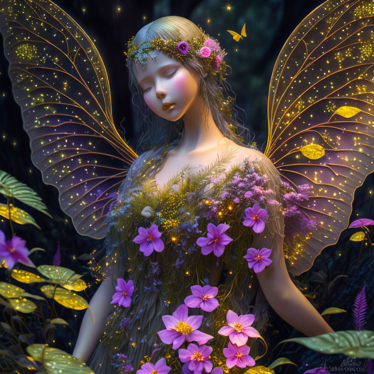 Ethereal fairy with glowing wings in lush greenery