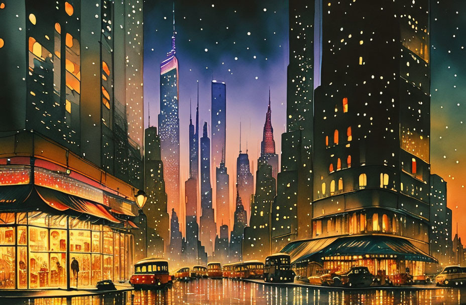 Night cityscape with illuminated buildings, diner, vintage cars, and starry sky.