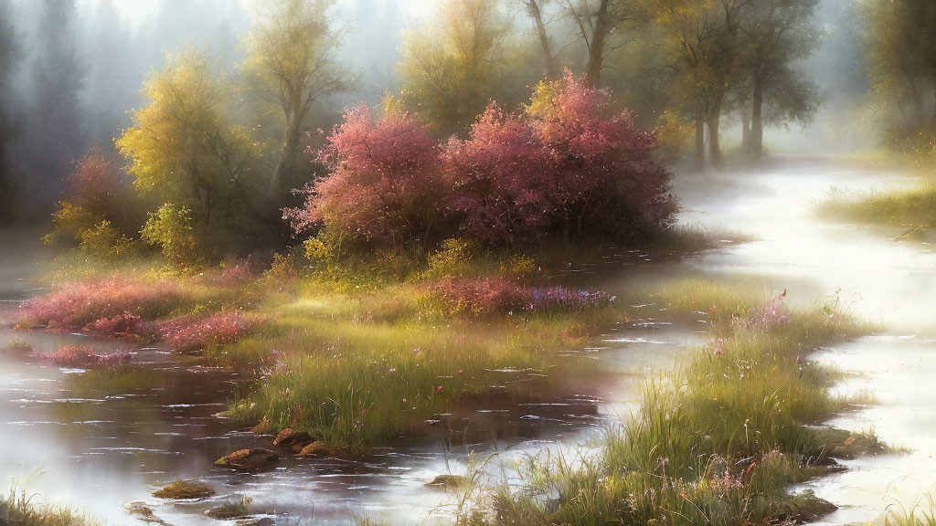 Tranquil misty landscape with autumn trees and water stream