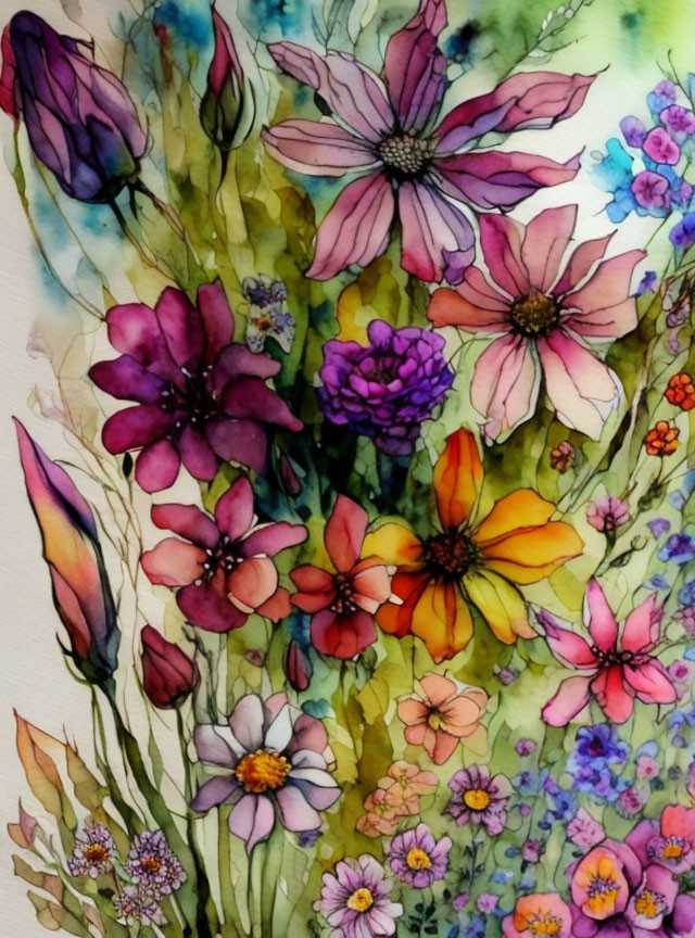 Colorful Watercolor Painting of Flowers in Pink, Purple, Red, and Yellow