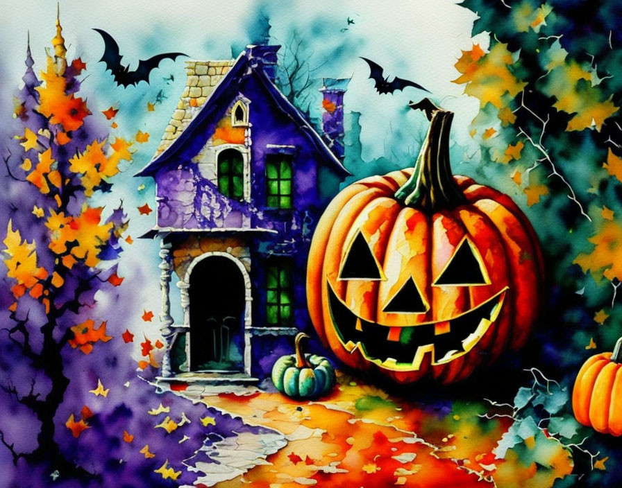 Vibrant illustration of purple haunted house with grinning pumpkin, bats, and autumn leaves